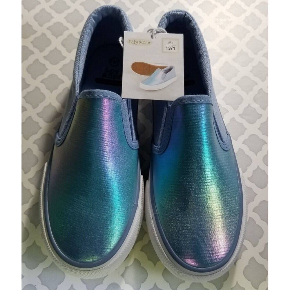 Kid's Slip-On Memory Foam Canvas Sneakers Blue Shimmer 13/1 Lily & Dan New